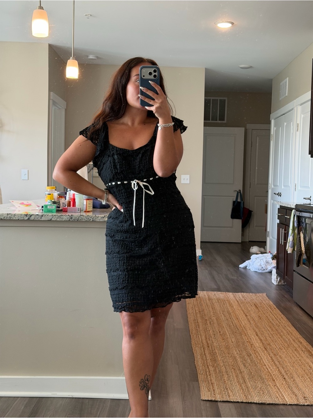 Nordstrom Black Lace Mini Dress with White Tie